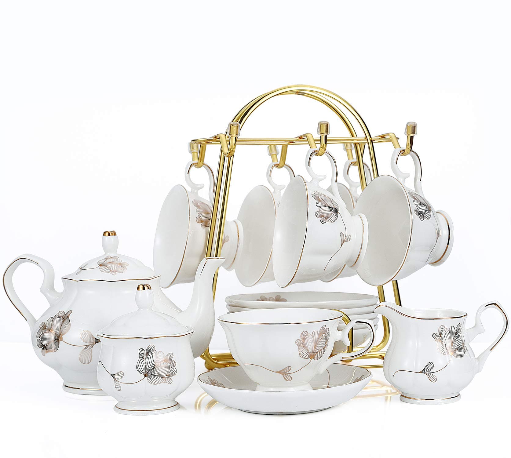 CHENP.HMC Porcelain Ceramic 22-Piece Tea Set, Teapot and Cup Set, 30.7 Ounces, for 6, Gift Sets, Tea or Coffee Lovers, Wedding, Birthday