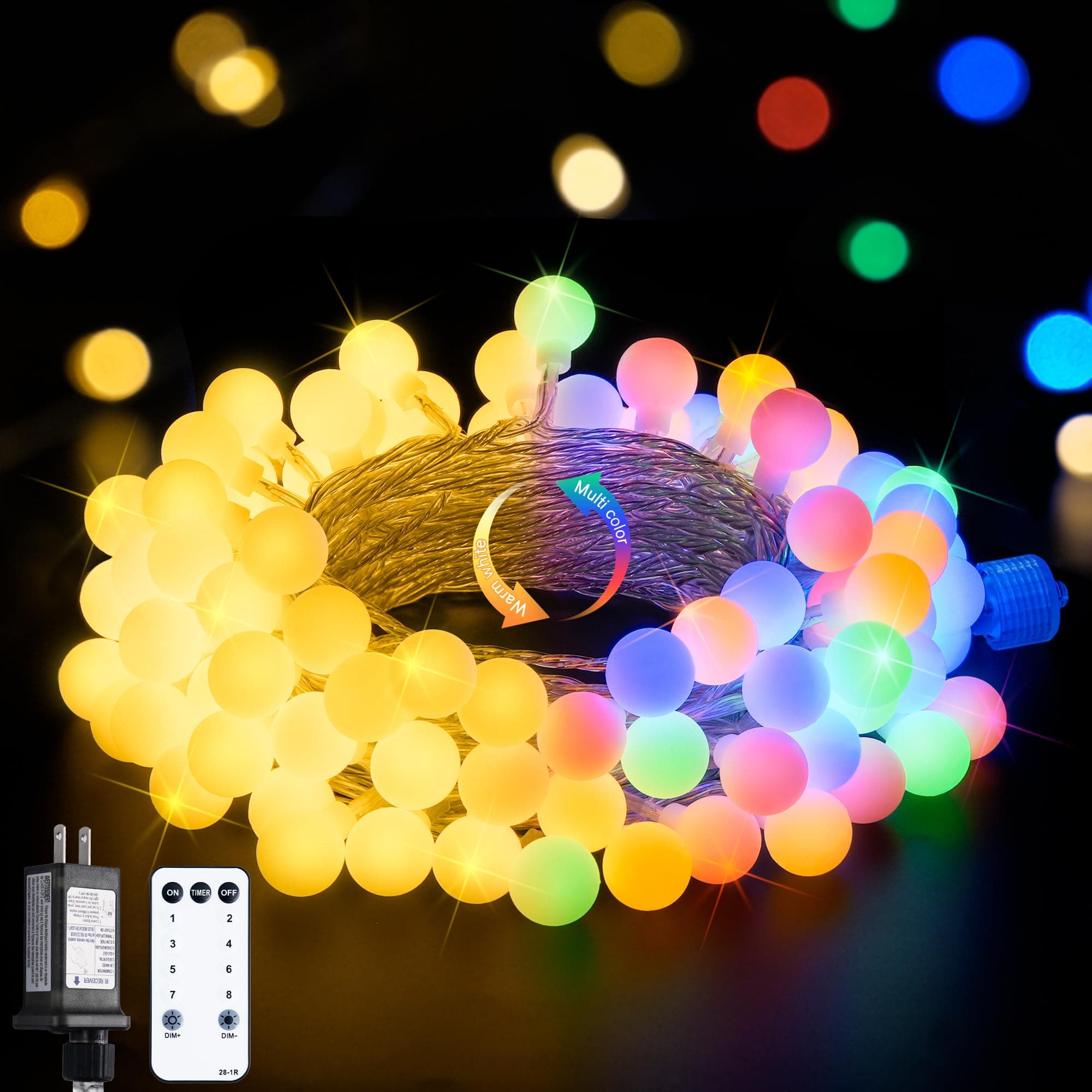 Globe String Lights Indoor, Color Changing Christmas Lights Plug in, Warm White & Multicolor String Light with Remote for Bedroom Room Tree Party Christmas Decor