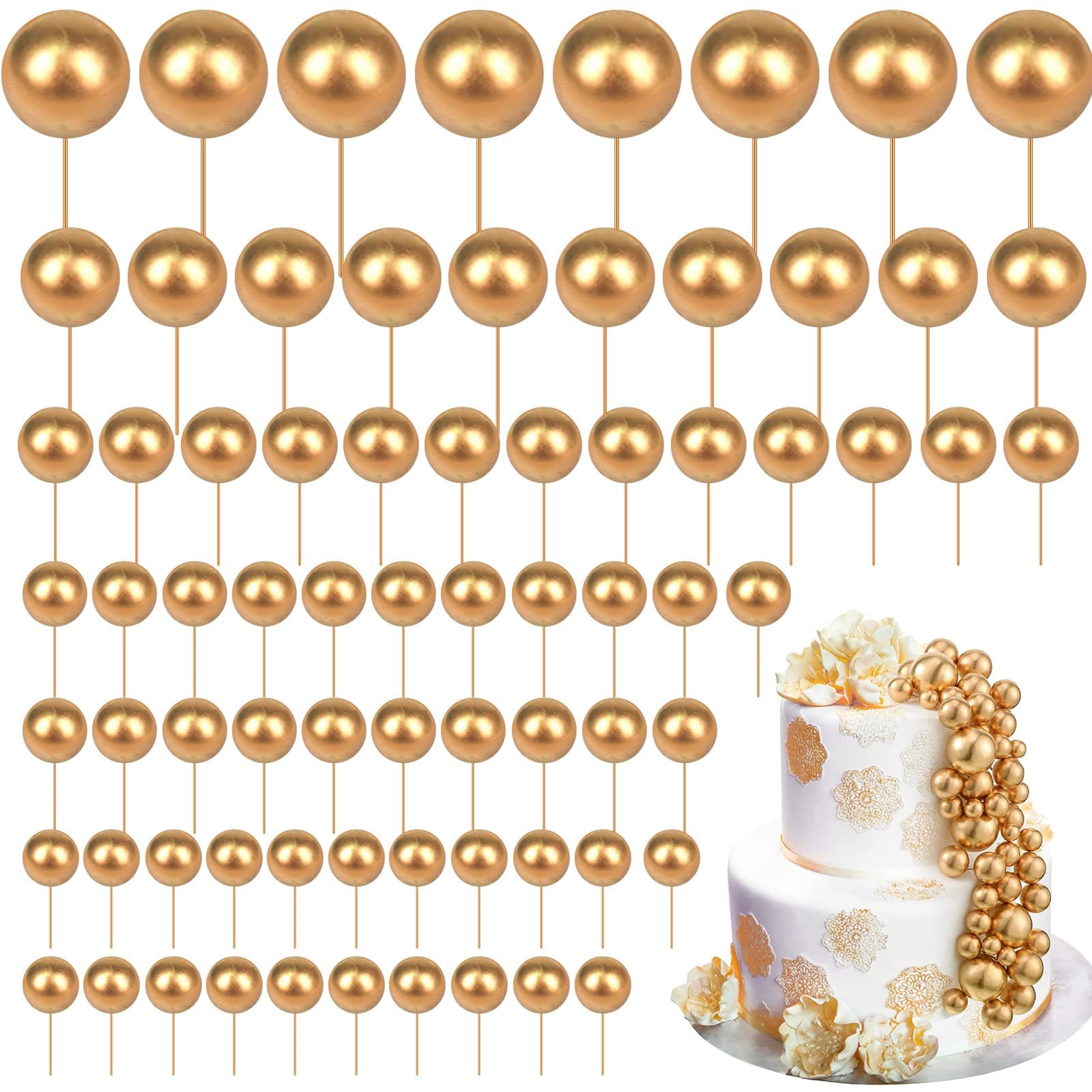 108 Pcs Balls Cake Topper DIY Cupcake Insert Foam Balloons for Cake Baking Wedding Anniversary Birthday Decoration (Gold,Multi Sizes)