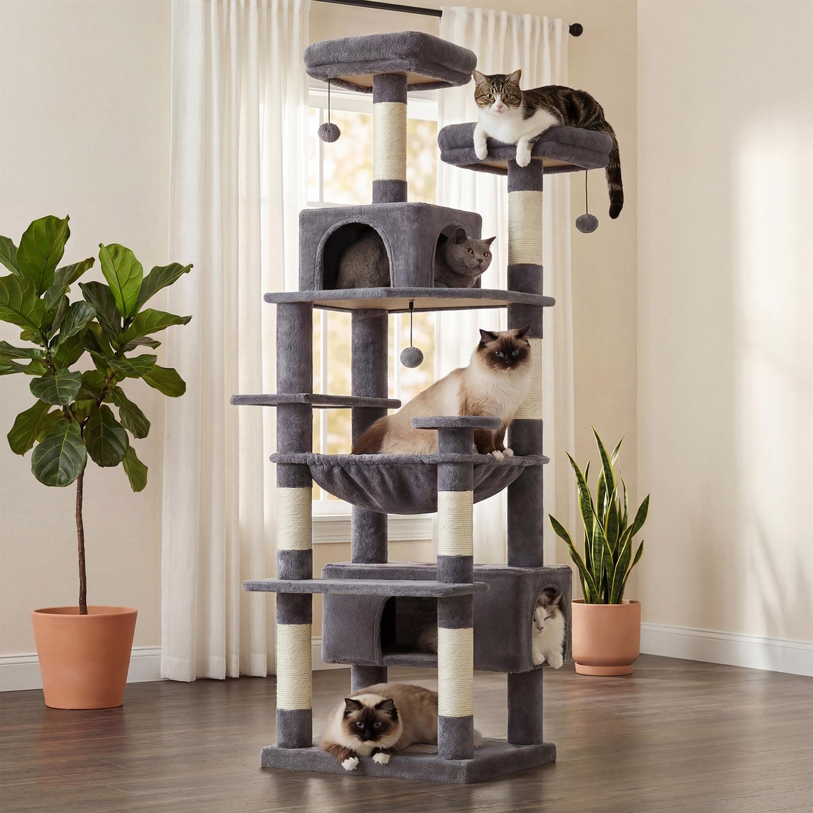 Large Cat Tree, 72 Inches Cat Tower for Large Cats, Cat Condo with Sisal-Covered Scratching Posts and Pads, 2 Padded Perch, Dual Condo and Basket for Indoor Cats-Dark Gray