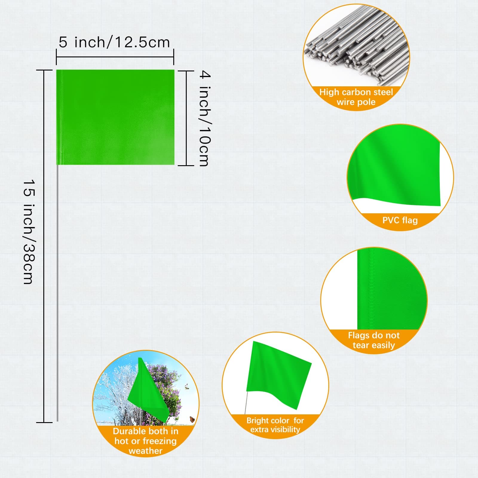 IKAYAS 100 Pack Marking Flags for Lawn 4 * 5 * 15 Inch Green PVC Small Yard Markers, Garden, Survey, Irrigation, Landscape Flags