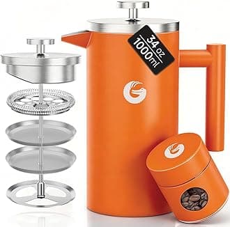 Coffee Gator French Press Coffee Maker 34oz, Double Insulated Stainless Steel Brewer plus Travel Jar Canister, Portable Hot Cold Brew Tea for Coffee Bar Accessories Kitchen Camping, Orange