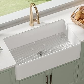 Deer Valley 33 Inch Farmhouse Kitchen Sink, Fireclay White Undermount Kitchen Sink, Apron-Front, Large Deep Single Bowl with Bottom Grid & Strainer