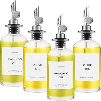 Olive Oil Dispenser Bottle - Includes 55 Kitchen Essential Labels - Cooking Oil Bottles for Kitchen, Coffee Syrup Dispenser - Pourer Spout with 11.8 fl oz Glass Container Cruet - 4pcs Silver