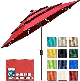EliteShade USA 10-Year-Non-Fading Solar 9ft 3 Tiers Market Umbrella with 80 LED Lights Patio Umbrellas Outdoor Table with Ventilation（Logo Red）