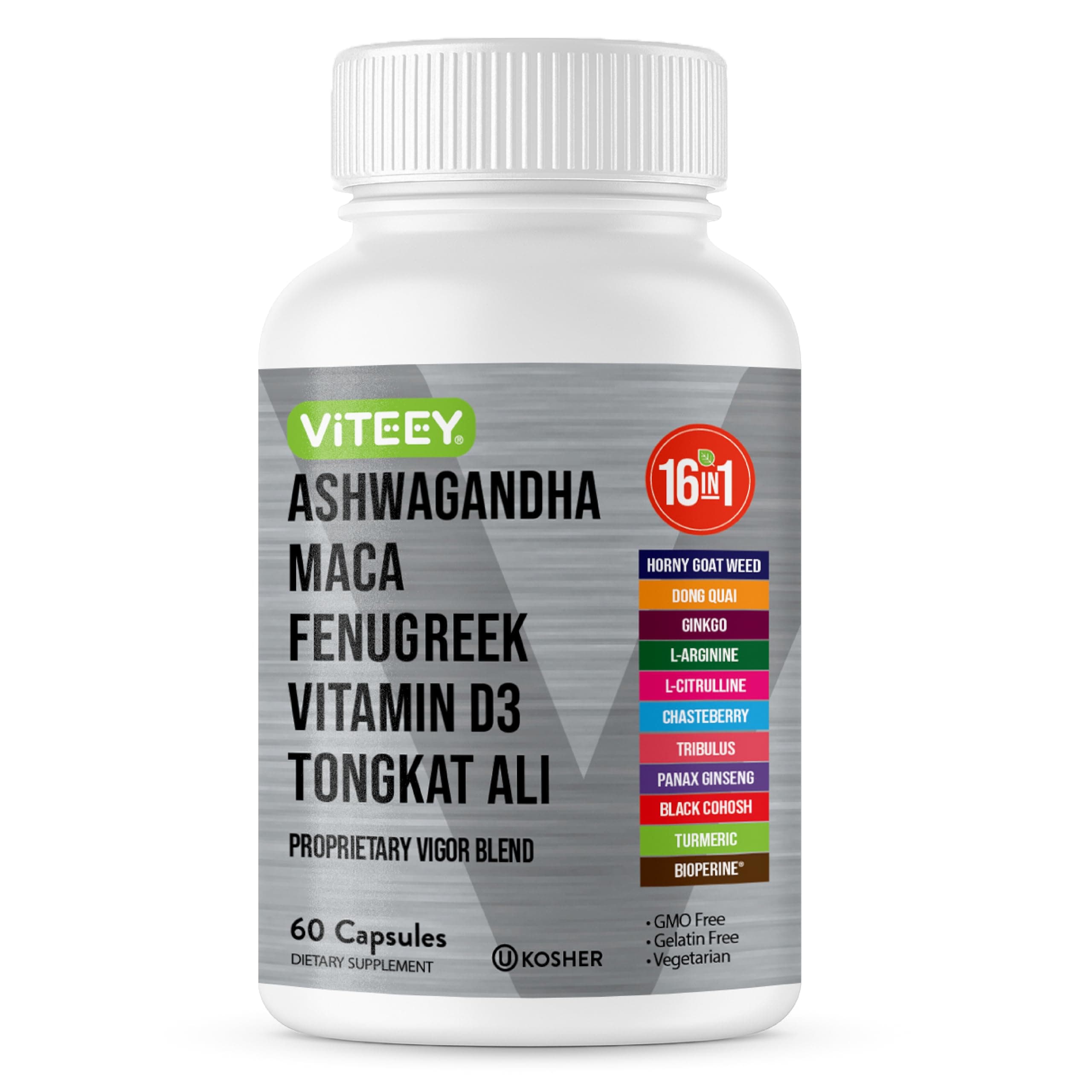 Viteey Ashwagandha Maca Fenugreek Supplement with Tongkat Ali – Drive, Passion & Energy Support for Men & Women – Mood, Calm & Stress Support - 60 Capsules