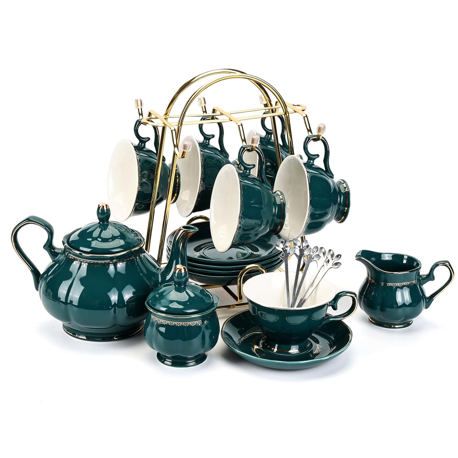 CHENP.HMC Tea Set 22-Piece Porcelain Ceramic Coffee Tea Sets Cups Saucer Service for 6 Teapot Sugar Bowl Creamer Pitcher and Teaspoons Porcelain Tea Set(Dark Green)