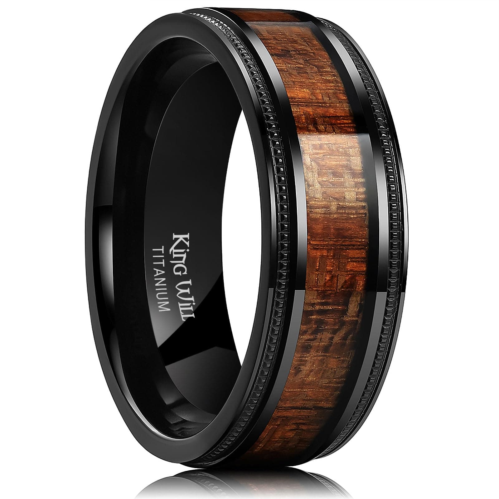 Titanium Wedding Band for Men 7-8mm Black/Silver/Gold Titanium Men Ring with Koa/Maple Wood Inlay, Wooden Wedding Ring for Men Women Comfort Fit Size 6-14