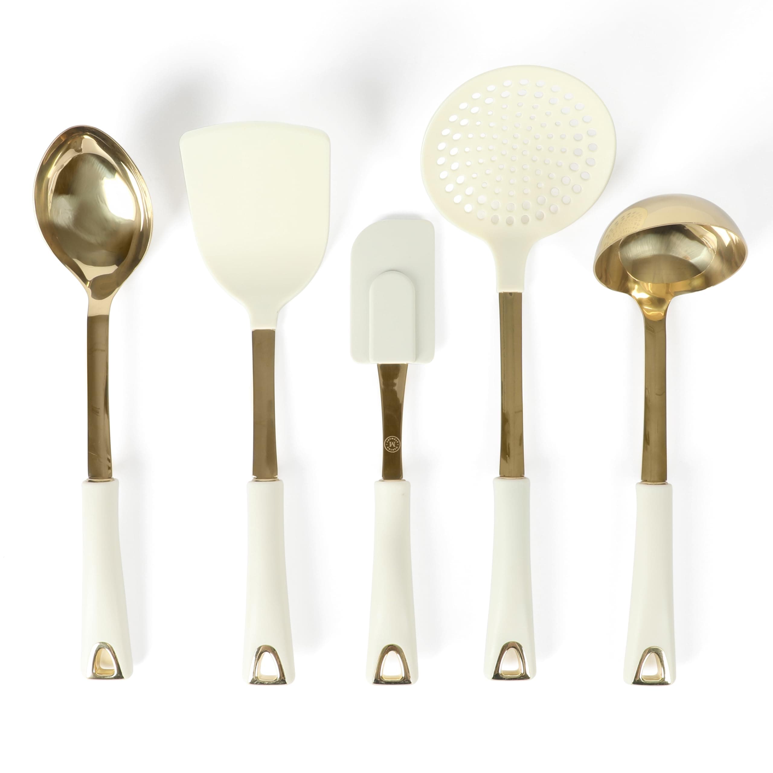 Martha Stewart Lockton 5-Piece Kitchen Tool Set – Stainless Steel & Nylon Cooking Utensils with Linen Handles and Gold Accents, Durable Heat-Resistant Kitchen Gadgets