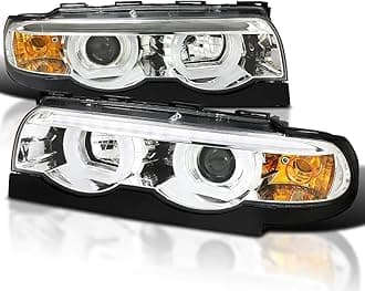 Chrome LED Dual Halo Projector Headlights Compatible with 1995-2001 BMW E38 7-Series, Left + Right Pair Headlamps Assembly