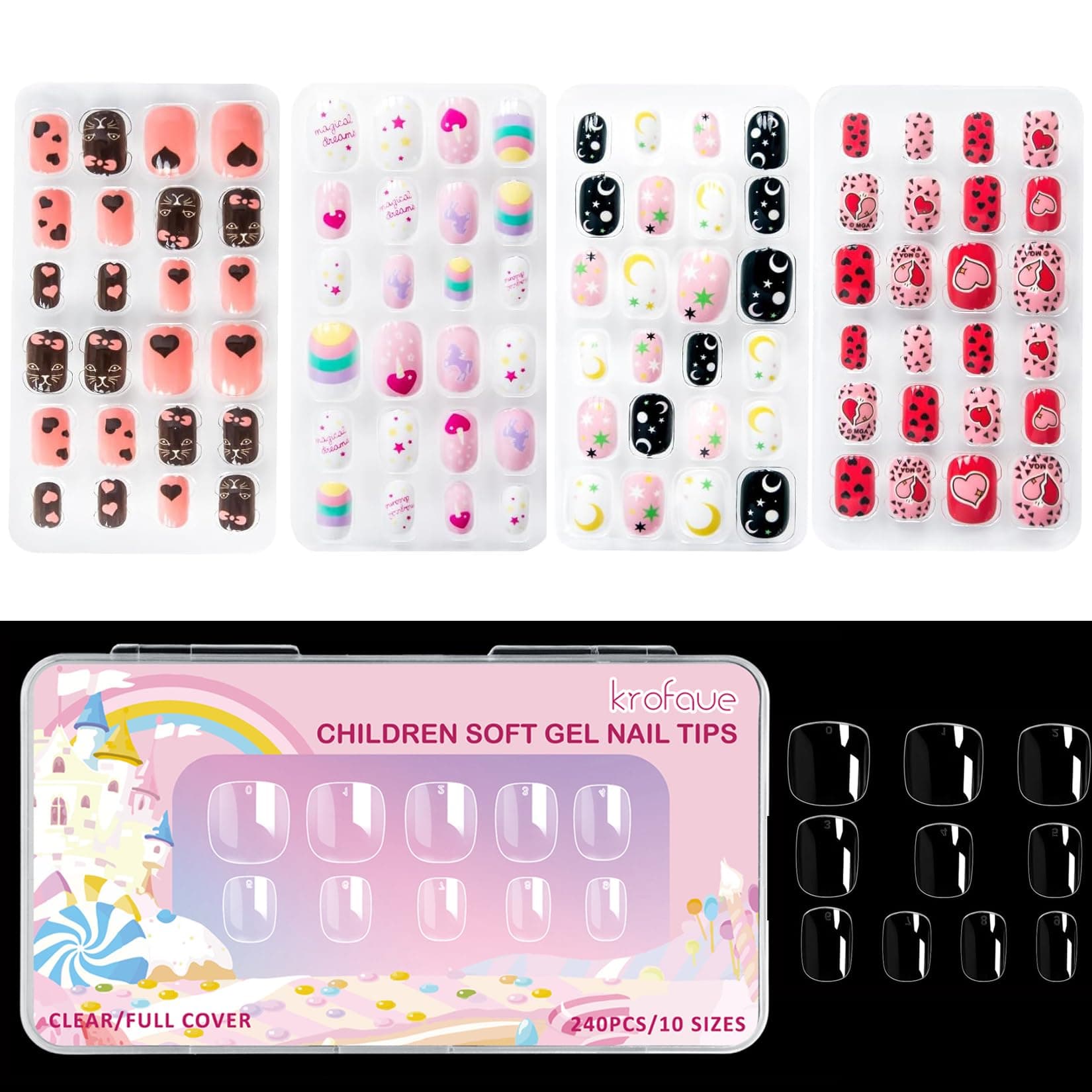 krofaue240Pcs Kids Short Clear False Nails Press on Nails for Kids - 96pcs 4 Pack Children Fake Nails Kids Girls Stick on Nails for Kids Full Cover Cute Pre-Glue Acrylic Fake Fingernails Kits Sets