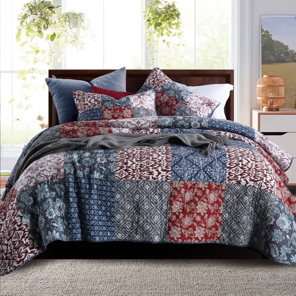 King Size Comforter Set- 100% Cotton Quilt King Size Set, Burgundy bedspreads (96 * 108 Inch) with 2 Pillow Shams, Patchwork Reversible Lightweight Bedding