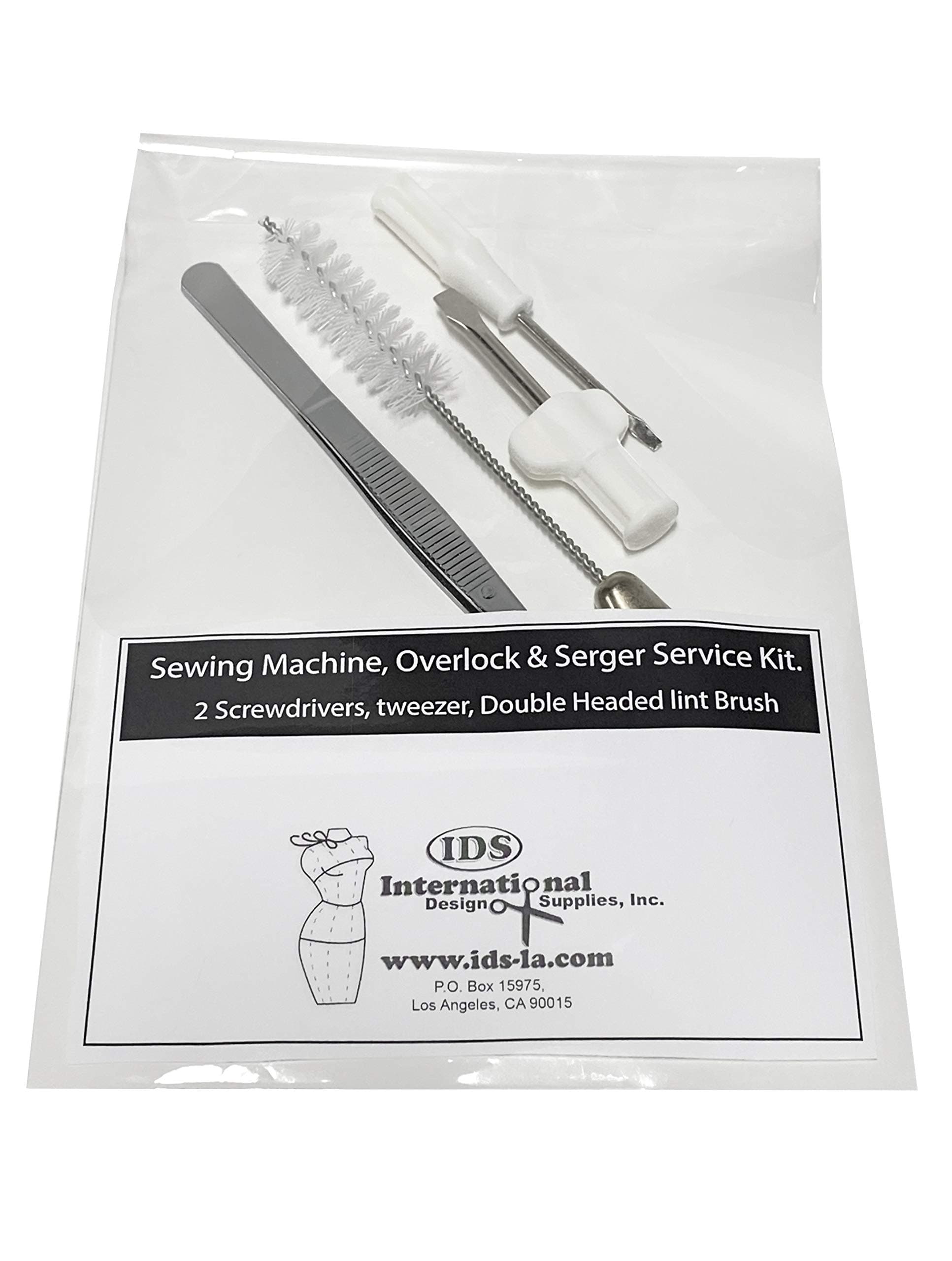 Sewing Machine & Overlock Serger Service Kit – 2 Screwdrivers, Tweezers & Double-Headed Lint Brush for Maintenance & Repair