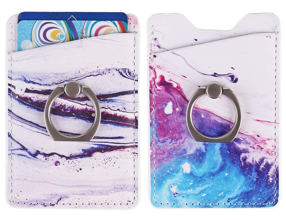 2Pack Adhesive Phone Pocket,Cell Phone Stick On Card Wallet Sleeve,Credit Cards/ID Card Holder with 3M Sticker for Back of iPhone,Android and All Smartphones (Sand Marble Purple with Ring)