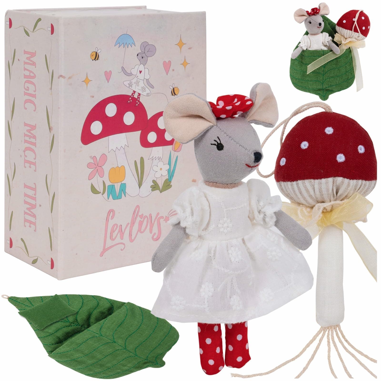 LEVLOVS Mouse and The Mushroom in a Leaf Bed Mouse Doll Christmas Mouse in a Box Linen Doll