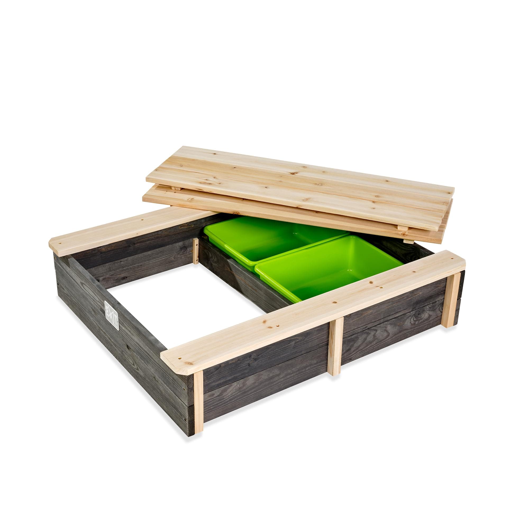 EXIT Toys Aksent Wooden Sandbox - With 2 Benches - 2 Removable Storage Bins - Lockable with Lid - For Children - 100% FSC Cedar Wood - 3.1x2.5ft
