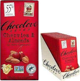 Chocolove Cherry & Almonds Dark Chocolate Bars | 55% Cocoa | Infused with Real Cherries & Crunchy Almonds | Crafted with Premium Chocolate | 3.2 oz Bar (12 Pack)