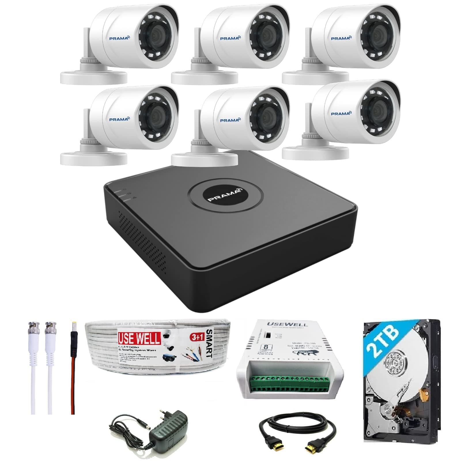 PRAMA 2MP Full HD CCTV kit with 8 Channel DVR + 6 Outdoor Cameras + 2 TB HDD + Wire/SMPS, and Required Accessories, Motion Detection Black