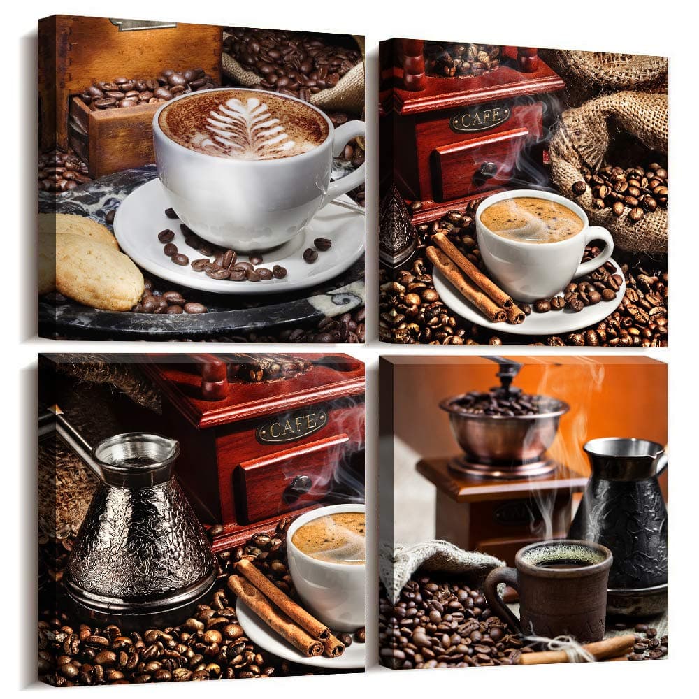 Kitchen Canvas Art Coffee Bean Coffee Cup Canvas Prints Wall Art Decor Restaurant wall art Framed Ready to Hang - 4 Panels Modern Artwork Painting Contemporary Pictures for Dining Home Decoration