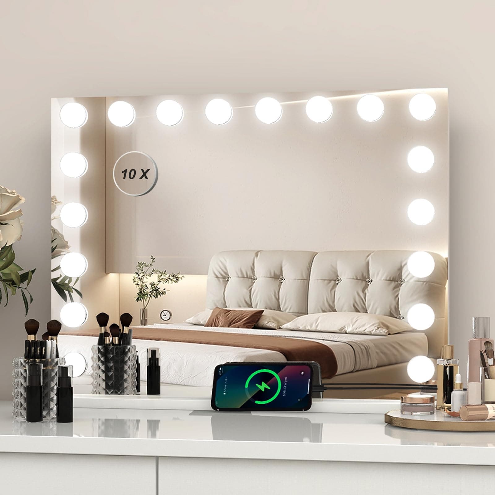 Hollywood Vanity Mirror with Lights, 80×62cm Large Lighted Makeup Mirror with 18 Dimmable LED Bulbs, Touchscreen Control, USB Output Port Tabletop or Wall Mounted Light Up Mirror For Bedroom