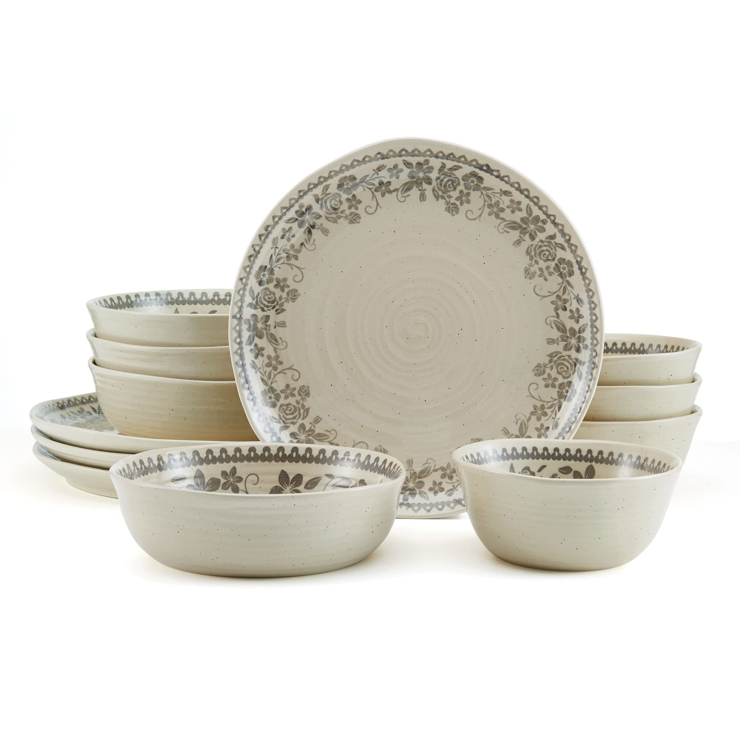Pfaltzgraff Hayden Floral 12 Piece Dinnerware Set, Service for 4, Grey