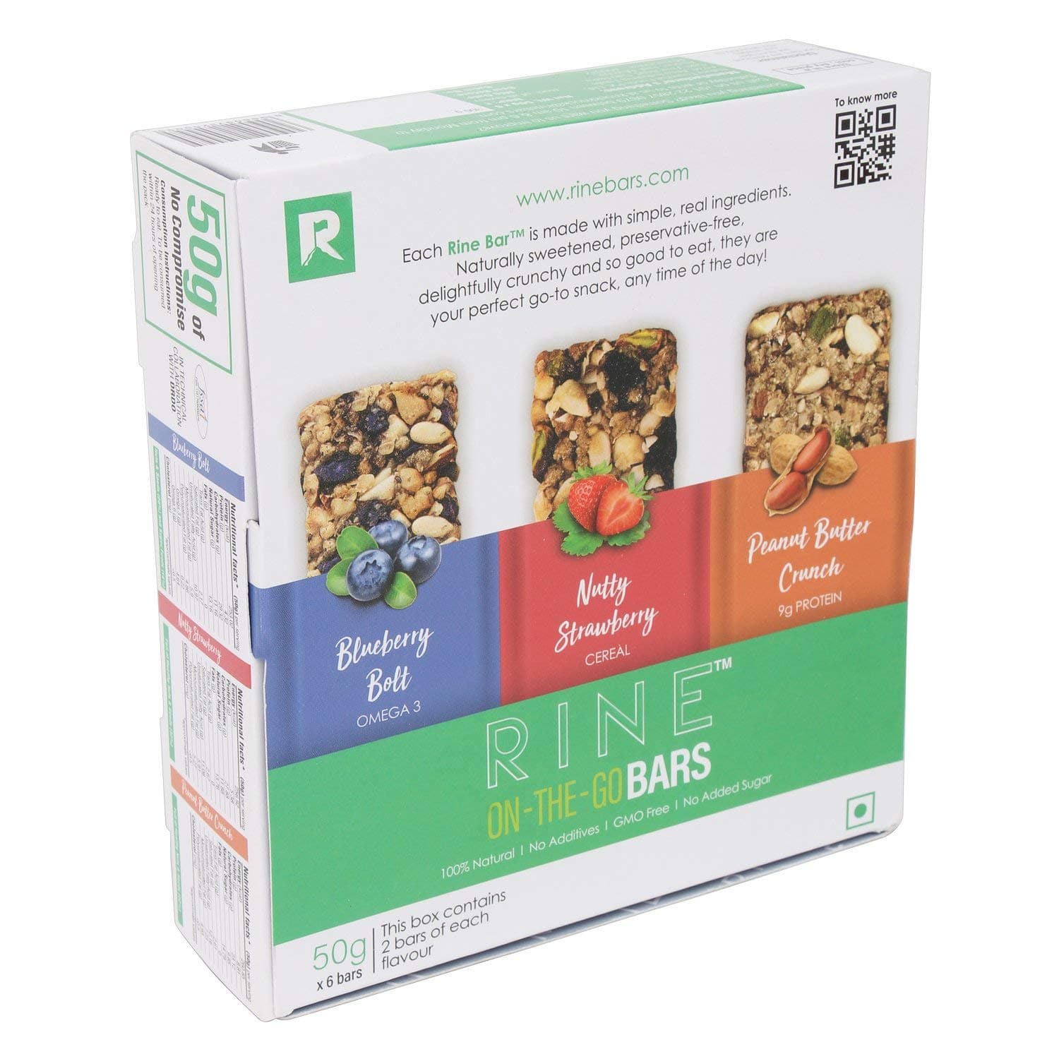 Rine Bars Nutrition Sugarfree Energy 6 Assorted Granola Bars 2 Peanut Butter Protein Bars, 2 Blueberry Fruit Bars and 2 Strawberry Cereal Bars | 6 *50 g (6 Pack Box)