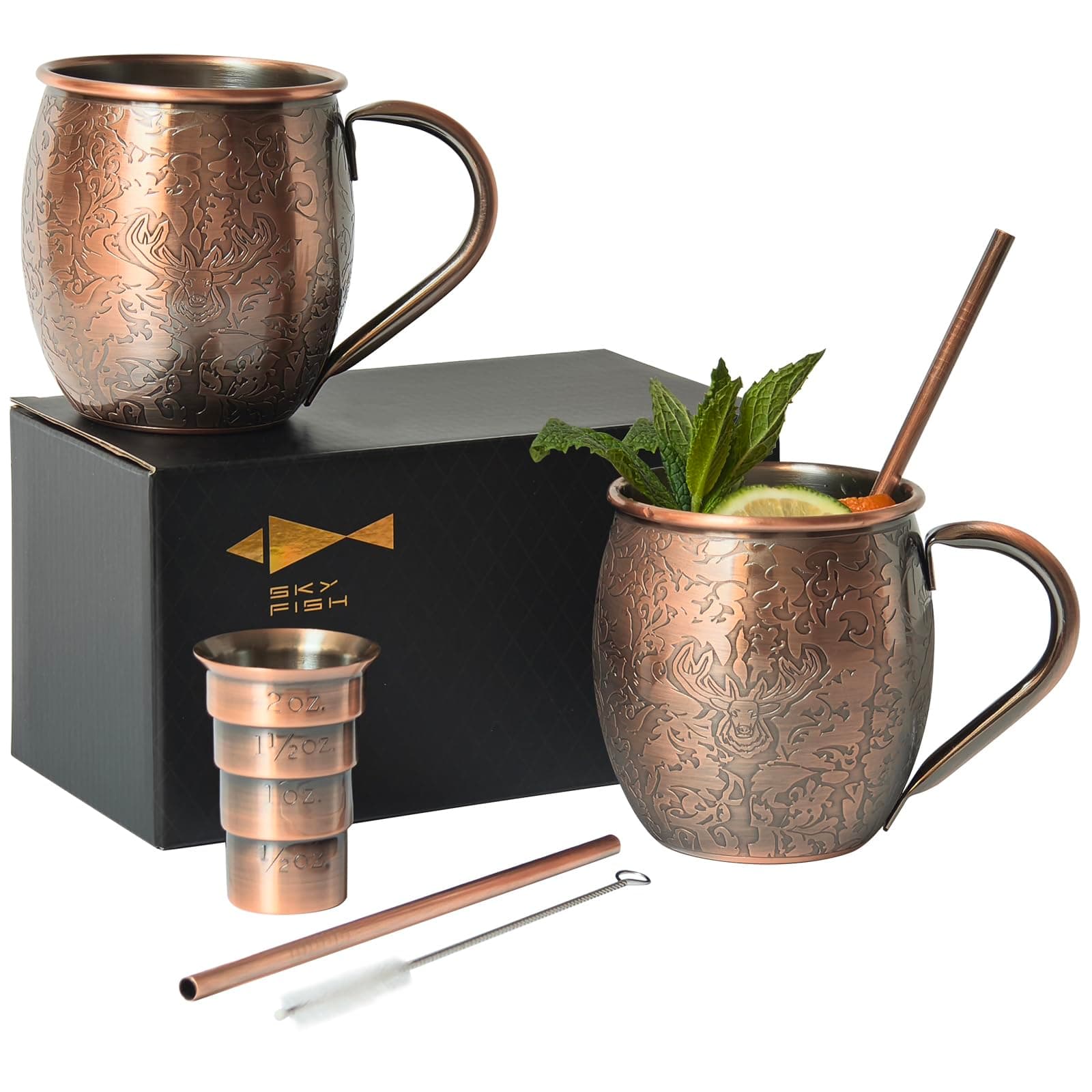 SKY FISH 3D Etched Moscow Mule Mugs Set of 2 Stainless Steel Copper Mugs 18 oz Premium Gift Set with 2 Cocktail Straws, Jigger