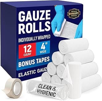 12 Gauze Rolls - 4" x 4.1yd - Soft and Breathable Rolled Gauze - Latex-Free Premium Individually Wrapped Bandages with Bonus Tape - First Aid Conforming Stretch Wrap for Wound Care - Vet Wrap