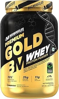 Bigmuscles Nutrition Premium Gold Whey [1Kilogram] | Informed Choice UK Certified | Isolate Protein Blend | 25G Protein | 11G EAA | Prohydrolase Enzyme Technology [Strawberry Milkshake], 37 Grams