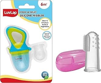 LuvLap Silicone Food/Fruit Nibbler with Extra Mesh, Soft Pacifier/Feeder, Teether for Infant Baby, Infant, Elegant Blue & Baby Silicone Finger Toothbrush with case