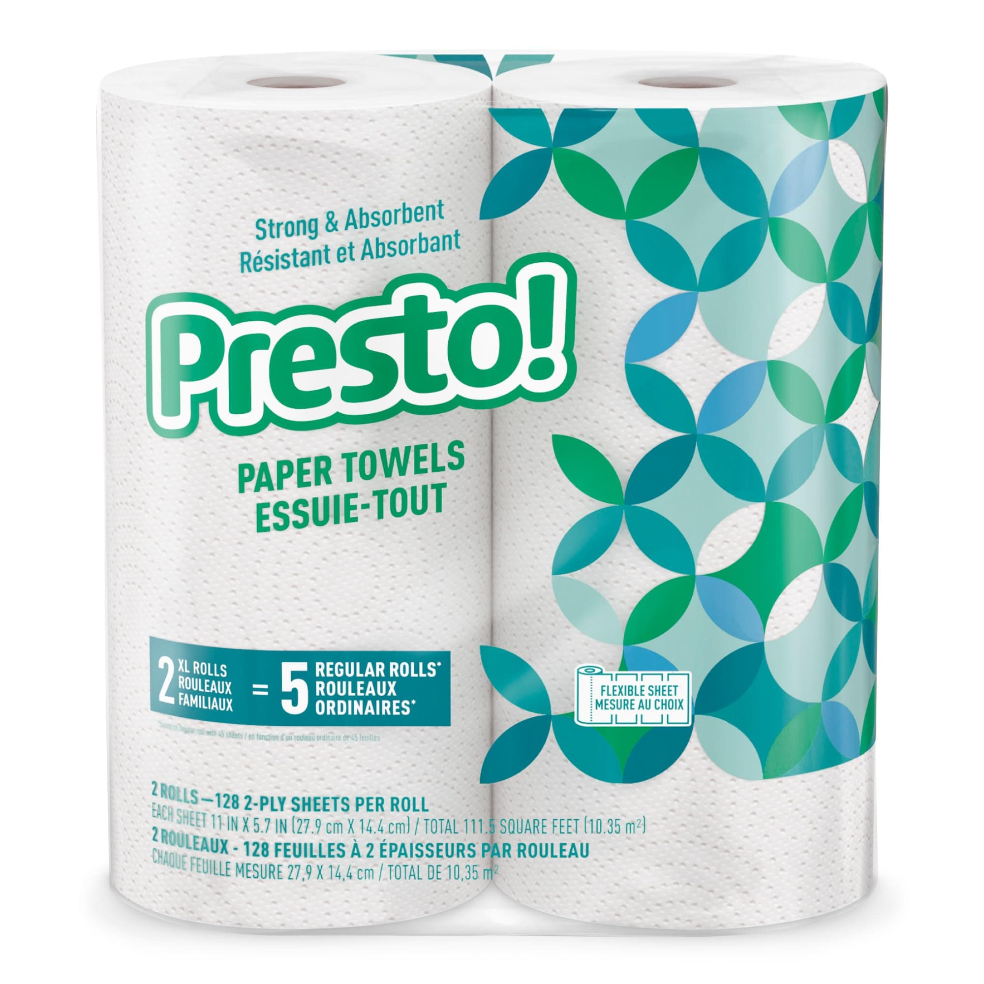 Amazon Brand - Presto! Flex-a-Size Kitchen Paper Towels, 2-Ply, Strong and Absorbent, 128 Sheet Family Roll, 2 Rolls