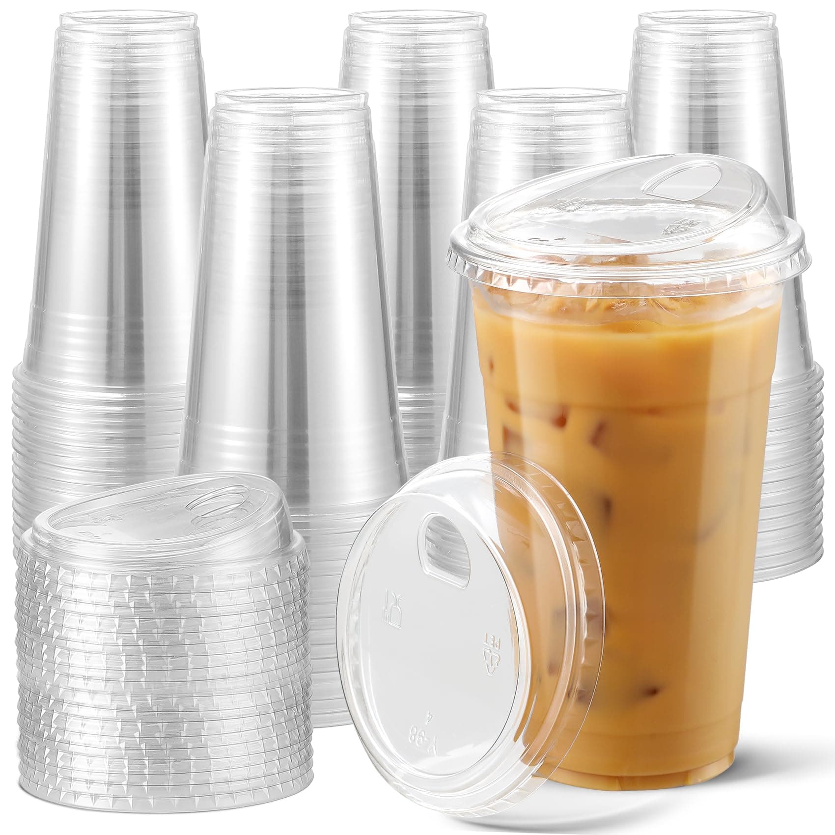 AOZITA 100 Pack 24 oz Disposable Plastic Cups With Strawless Sip-Lids, Clear Plastic Iced Coffee Cups Go for Drinks, Bubble Tea, Cold Beverage - BPA Free