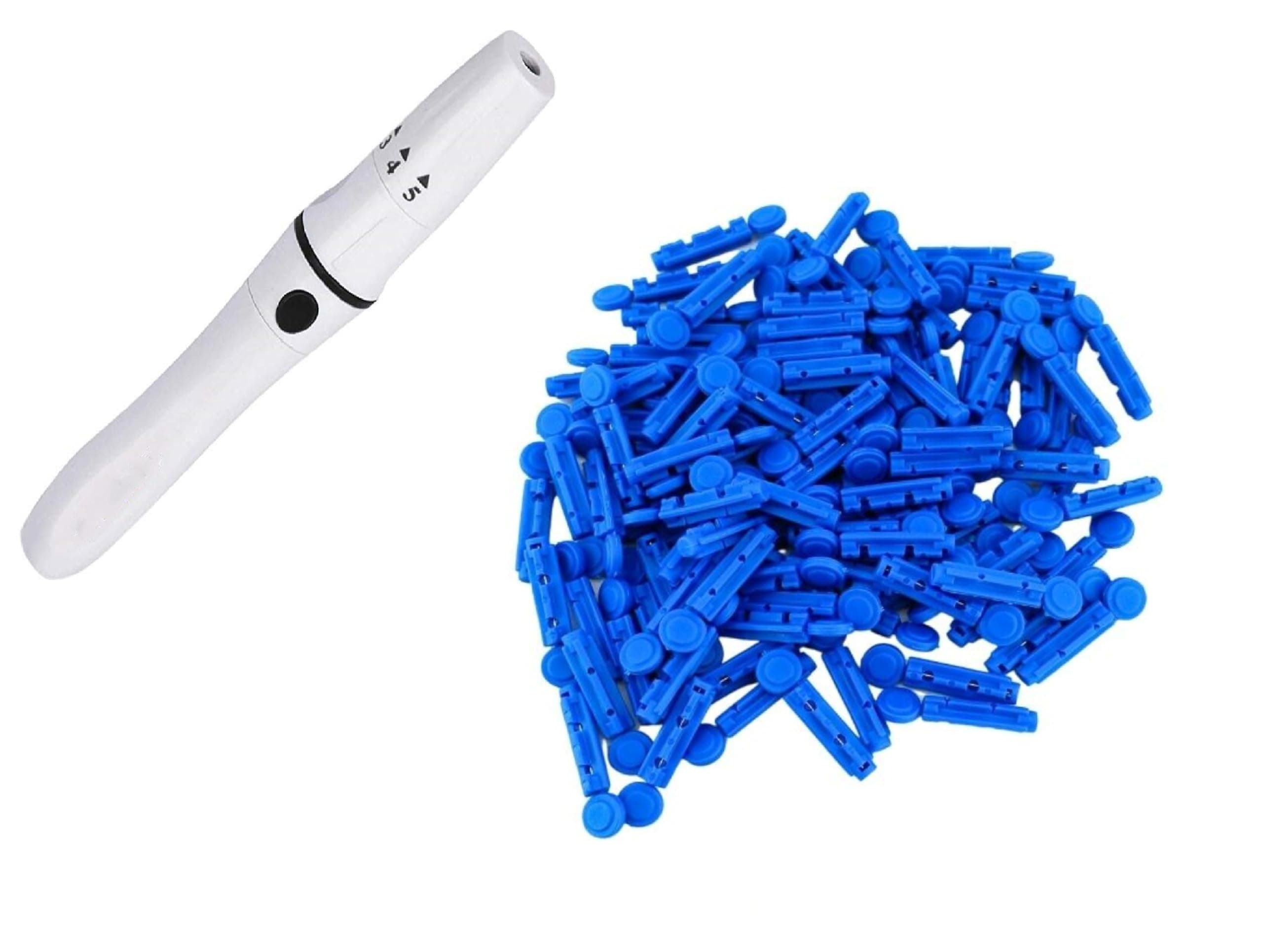 Lancing Device Pen & 100 Round Lancets (Compatible for use with all brands of Glucometers), Blue