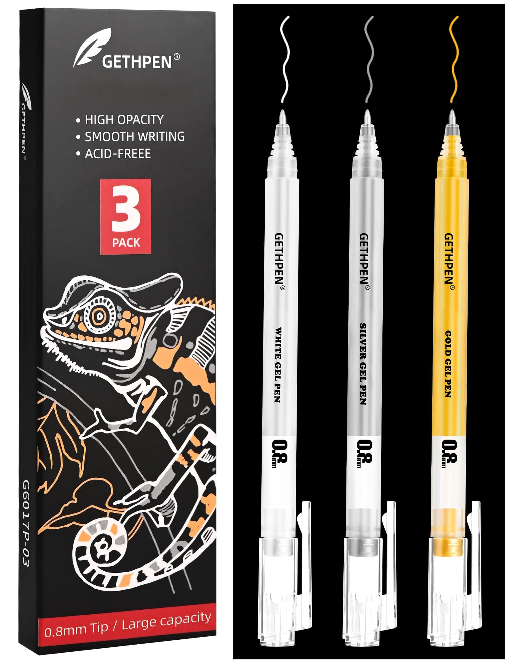0.8mm Extra Fine Point 3 Colors Gel Pen Set White,Gold and Silver Gel Ink Pens for Artists Drawing on Black Paper, Sketching, Bullet Journaling & Holiday Crafts
