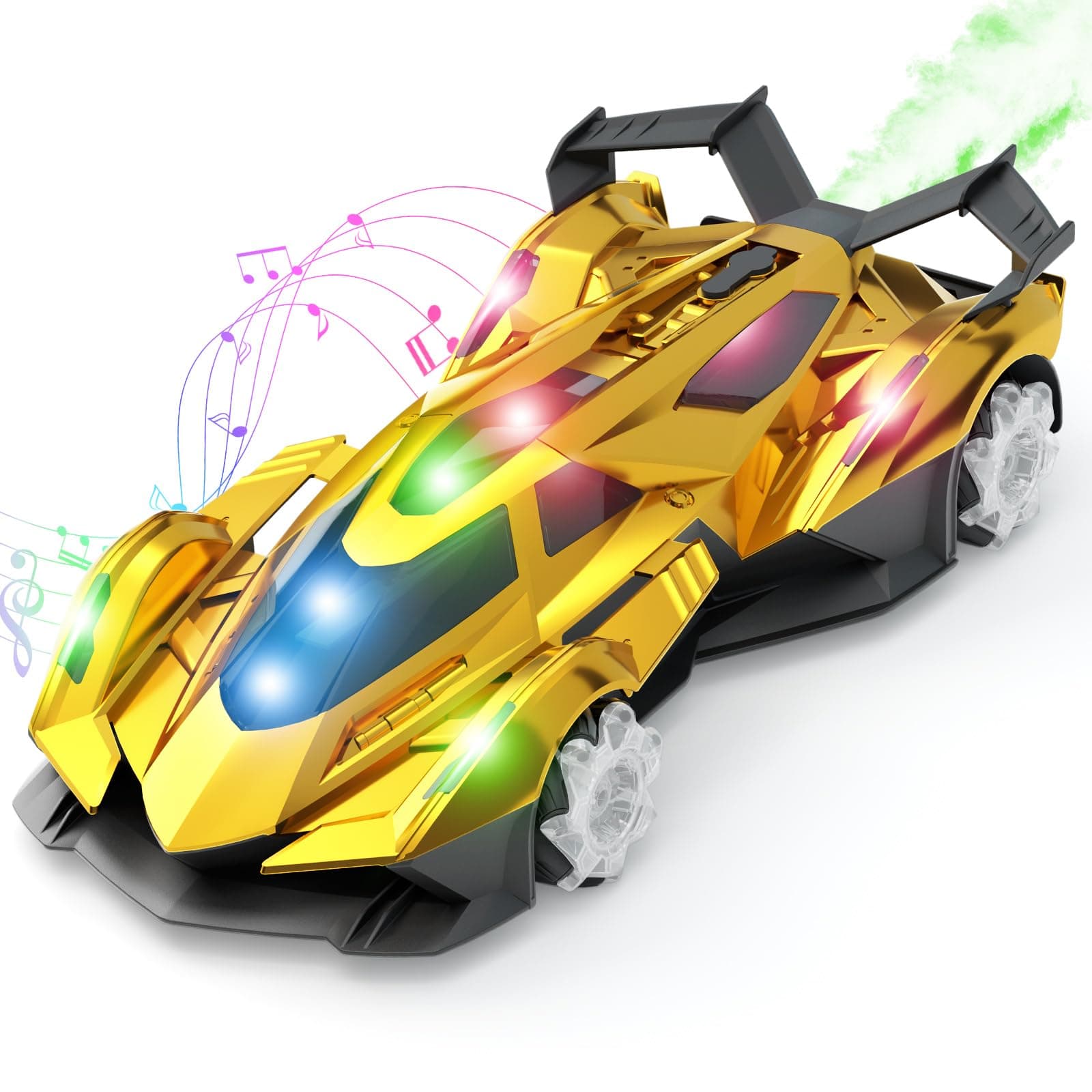 SASBSC Remote Control Car Toy for Boys Age 8-12, 1:12 Scale Gold Toy with 360°Rotating Drifts Colorful Lights、Spray& Musics, Speed 10-12km/h RC Race Toy Car for Boys Girls Birthday
