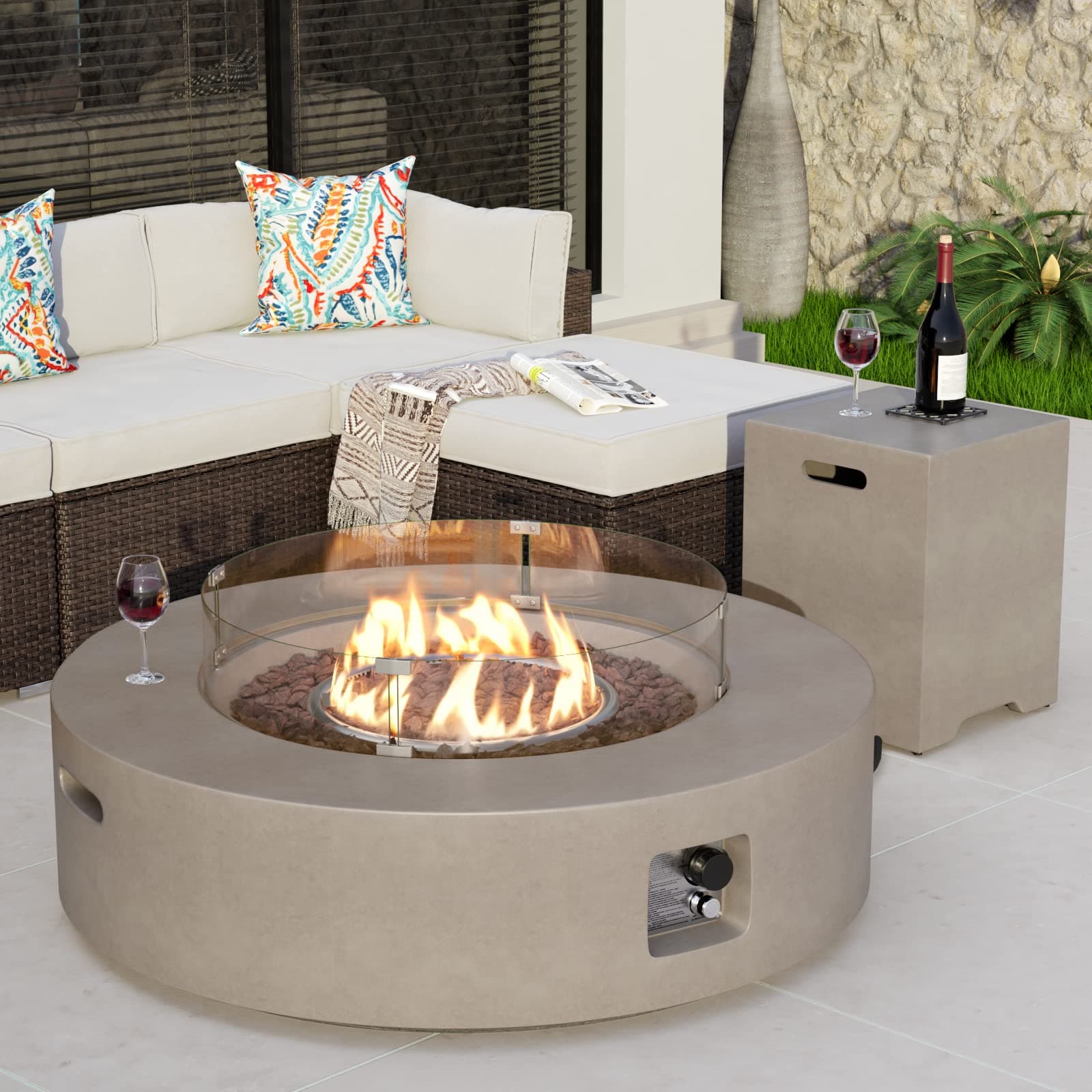 2-Piece Outdoor Propane Firepit Table Set w Tank Table, 42" Fire Table Certified, 50,000 BTU w Gray Round Base,Wind Guard and 16 inches Tank Side Table 20lb for Garden,Pool