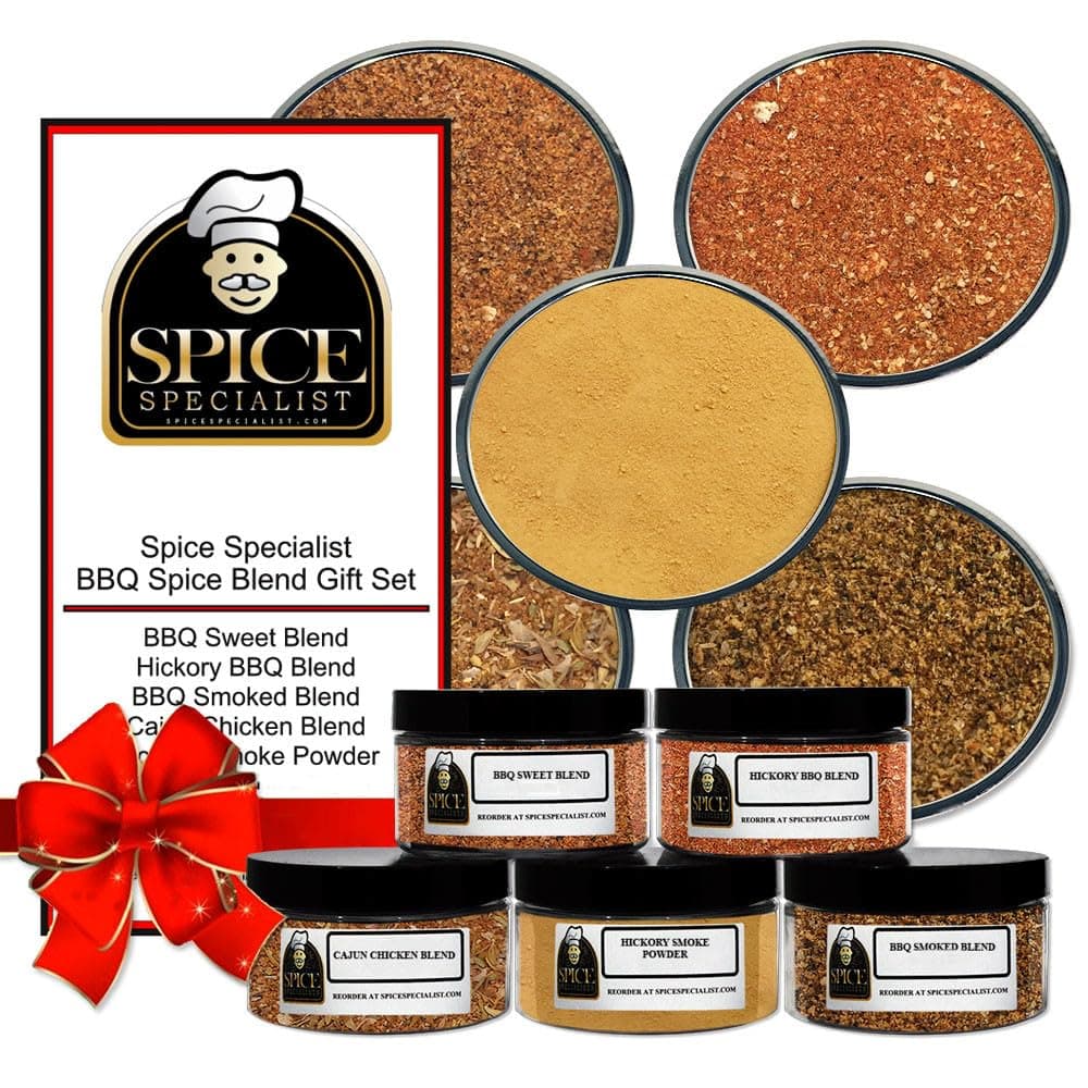 BBQ Spice Blend Gift Set - Contains: 5 different spice jars (1 each of: Hickory Smoke Powder, Cajun Chicken Blend, BBQ Sweet Blend, BBQ Smoked Blend and Hickory BBQ Blend.)