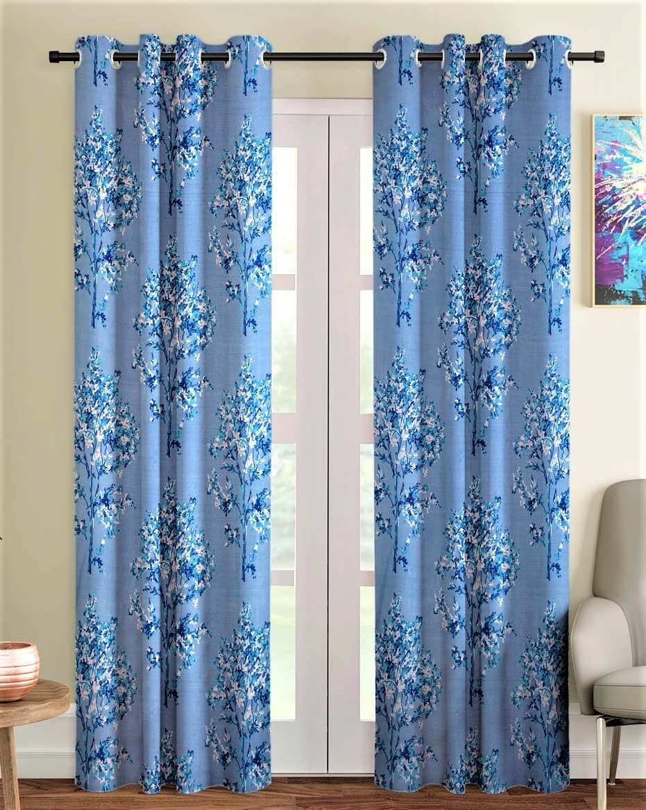 Fashion String Polyester Blossoms Eyelet Window Curtains (5 Feet, Blue) - 2 Piece(Eyelet, String, Washable), Floral | Light-Filtering