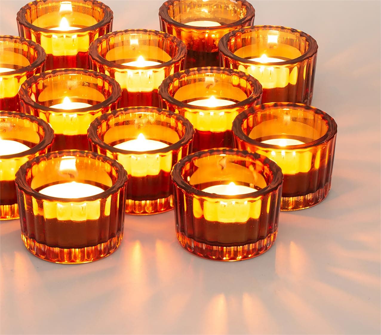 NUPTIO Tea Light Candle Holders - 12 Pcs Amber Tealight Holders Glass Bulk Votive Candle Holder Brown Ribbed Wedding Table Decoration Living Room Home Decor