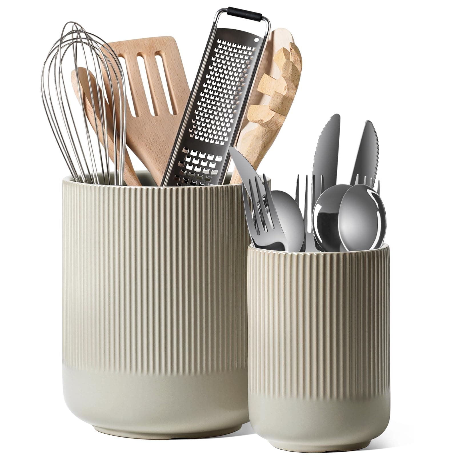 Utensil Holder for Kitchen Counter, 7.3"+5.4" Fluted Ceramic Utensil Crock Organizer for Countertop, Heavy Large Holder for Spatulas, Spoons, Set of 2, Oatmeal Greige