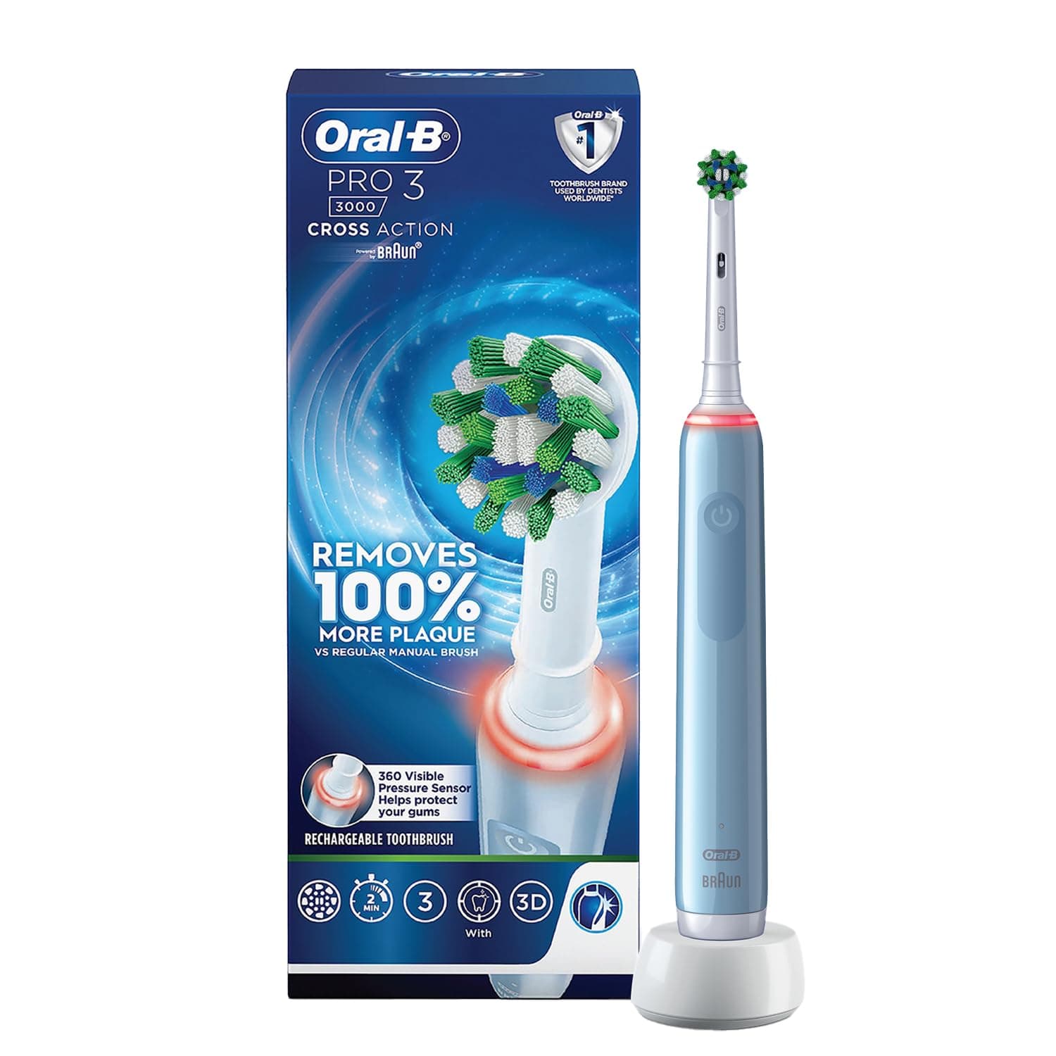 Pro 3 Rechargeable Rotating Electric Toothbrush for Adults, 3 Cleaning Modes with Pressure Sensor, 2 Min Timer with Quadpacer, 2 Year Warranty by Oral B, IPX7 Water Resistant, Round Brush Head