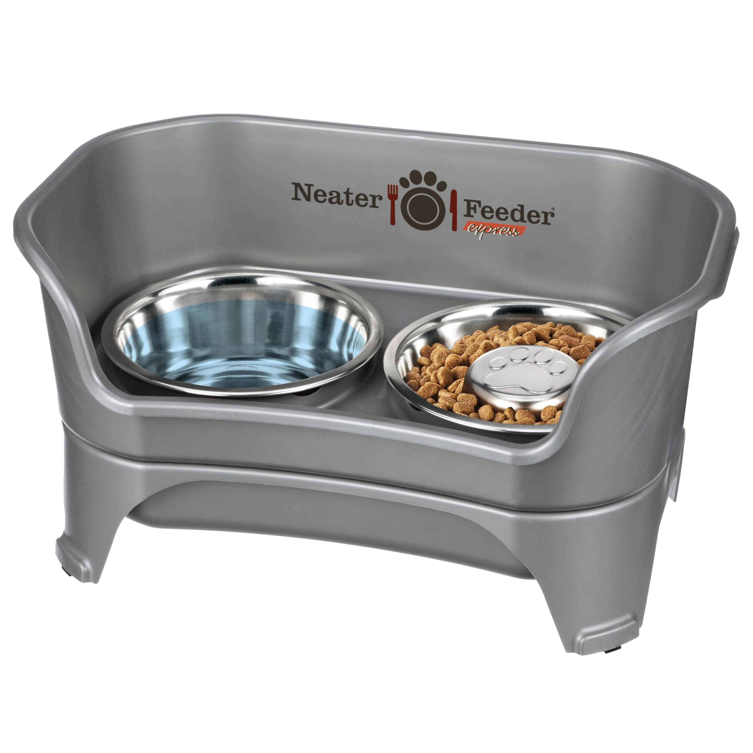 Express Model w/ Slow Feed Bowl - Mess-Proof Dog Bowls (M/L, Grey) Made in USA – Elevated, No Spill, Non-Tip, Non-Slip, Raised Stainless Steel Food/Water Pet Bowls Aid Digestion
