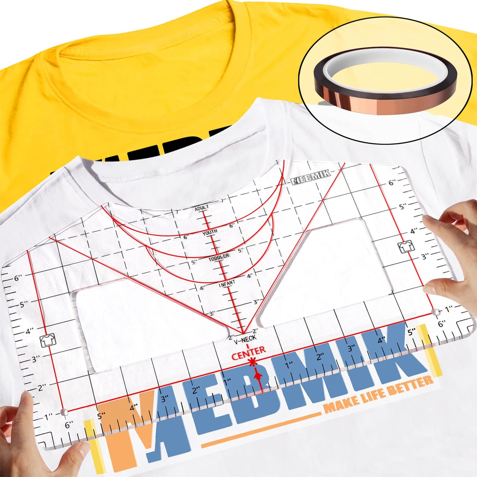 MEBMIKTshirt Ruler Guide for Vinyl Alignment,T Shirt Ruler to Center Design,Tshirt Measurement Tool with Heat Tape ,Sublimation,Heat Transfer,Acrylic Ruler for All Size,Heat Press Accessories