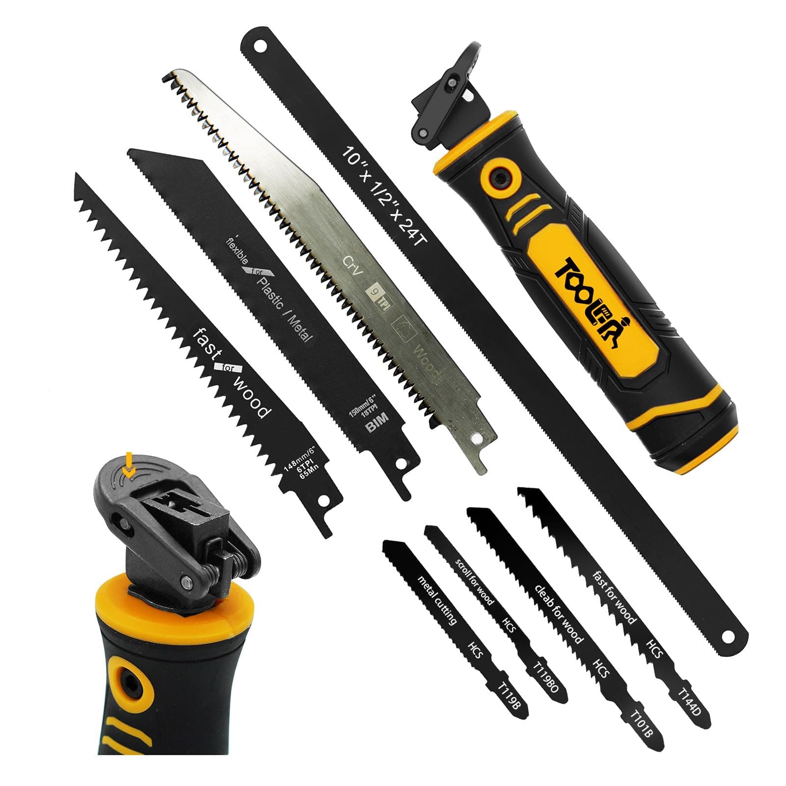 8-in-1 Multi-Blade Hand Saw, Drywall Cutter Saw, Hacksaw, Long Blade Hand Saw, Jabsaw, Plasterboard, Sheet, Wood, Metel, Plastic, Plywood Blade Quick Change Mechanism