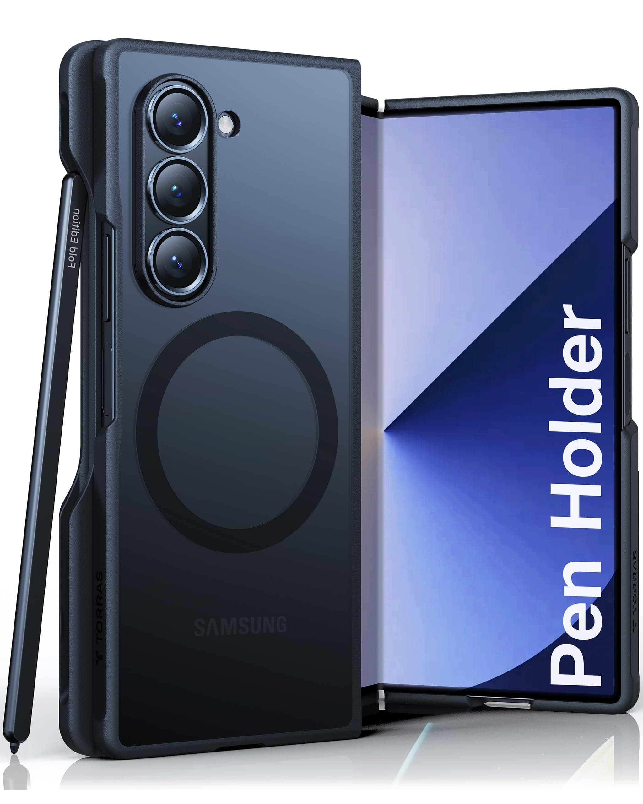 TORRAS Magnetic Shockproof Designed for Samsung Galaxy Z Fold 6 Case with S Pen Holder, [Compatible with Magsafe] [Military Grade Drop Tested] Translucent Slim Phone Case for Samsung Z Fold 6, Black