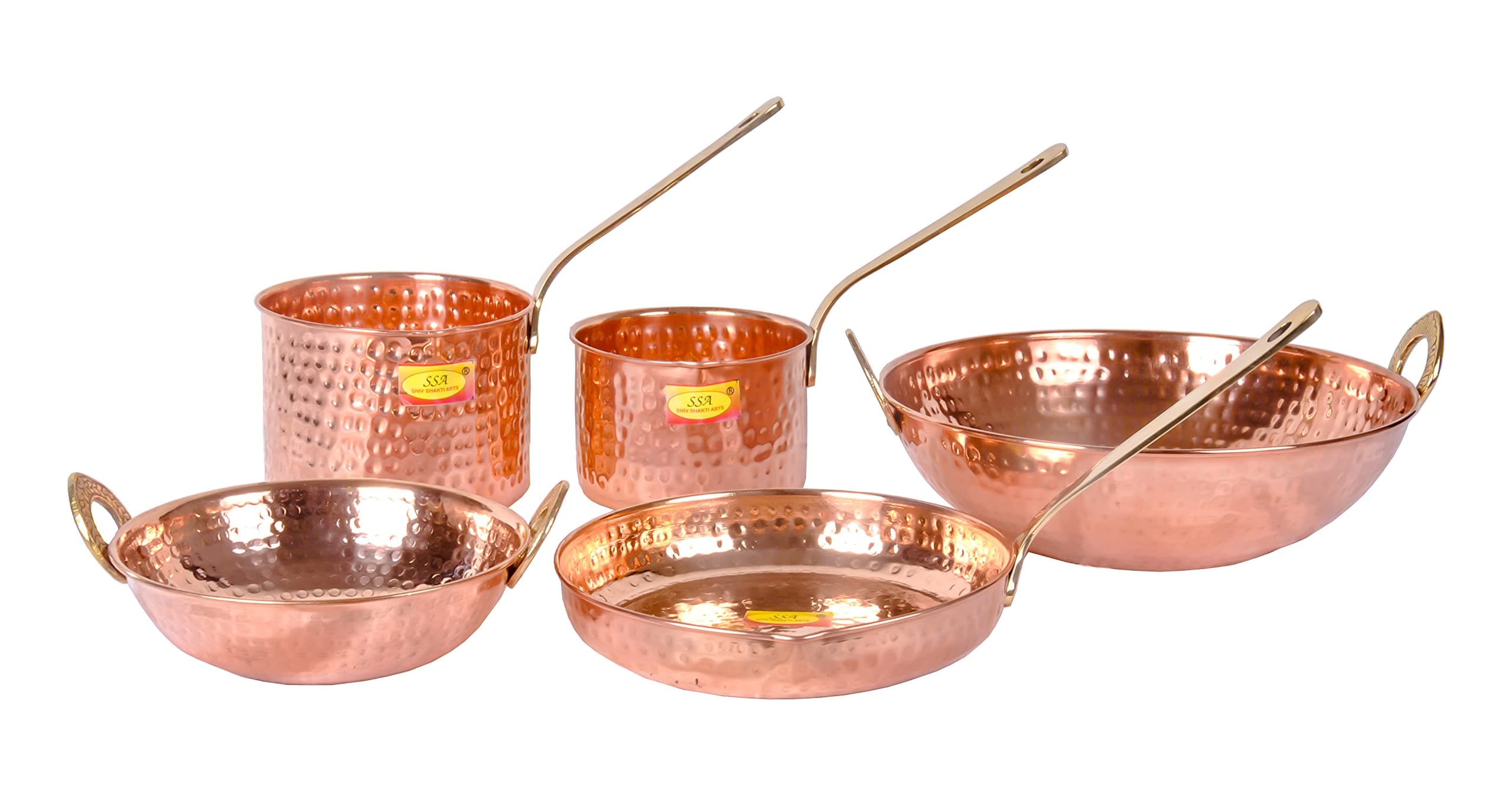 Shiv Shakti Arts® Pure Copper Cookware Set 5 Piece (Copper Sauce Pan | Kadhai Fry Pan) With Brass Handle For Cooking Purpose