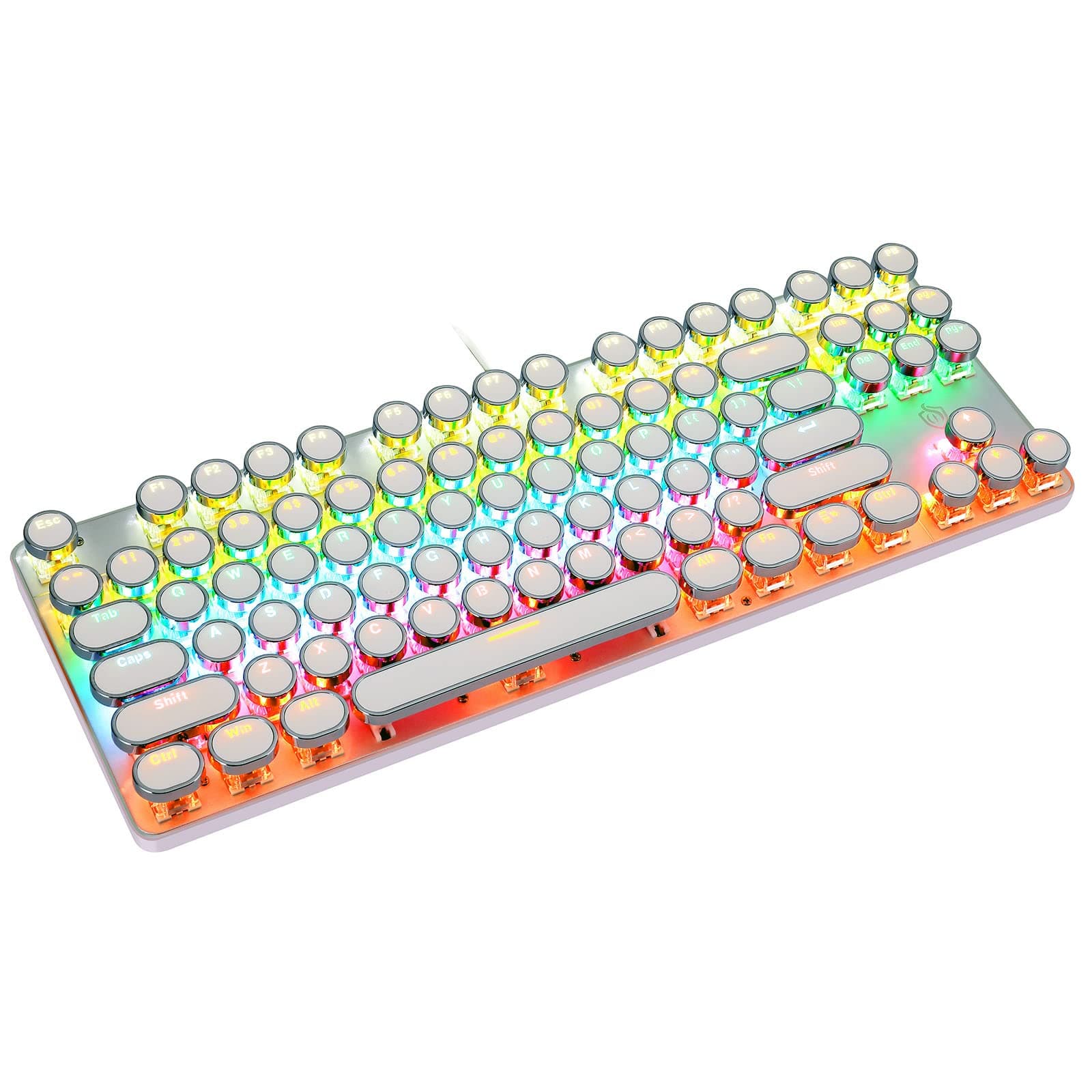 YSCP Mechanical Gaming Keyboard Typewriter Style with RGB LED Rainbow Backlit Blue Switch Retro Punk Round Keycaps Cute Keyboard for PC Gamers 104 Keys,White (104 Keys,White)