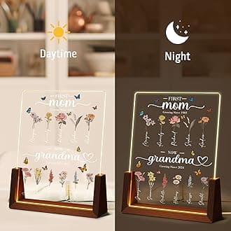 Ship Next Day Personalized Mother's Day Gifts for Mom Grandma, Custom Birth Month Flower Mothers Garden with Light Up Picture Frame Gifts for Grandma, Birthday Gifts for Mom from Daughter Son Kids