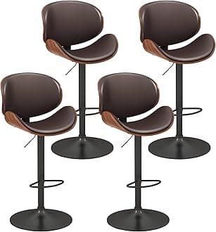 KCC Bar Stools Set of 4, Swivel Adjustable Height Barstools, PU Leather Upholstered Bar Chairs with Footrest, Bentwood Bar Stool for Kitchen, Bar, Dining Room(Brown PU)