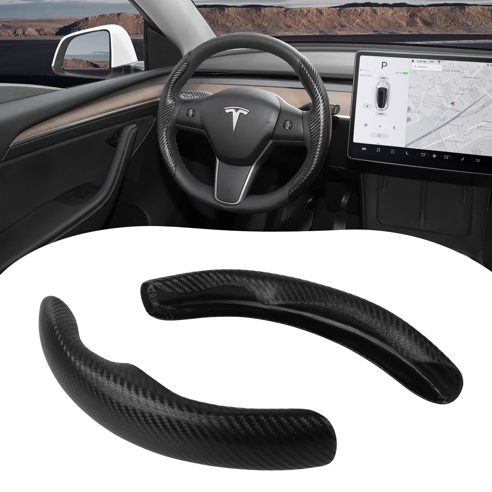 BASENOR2PCS Tesla Model 3/Y Steering Wheel Cover ABS Carbon Fiber Steering Wheel Wrap Protector No Slip Breathable Comfortable Grip 2016-2023 Model 3, 2020-2024 Model Y Black (Not Fit 2024 Model 3)